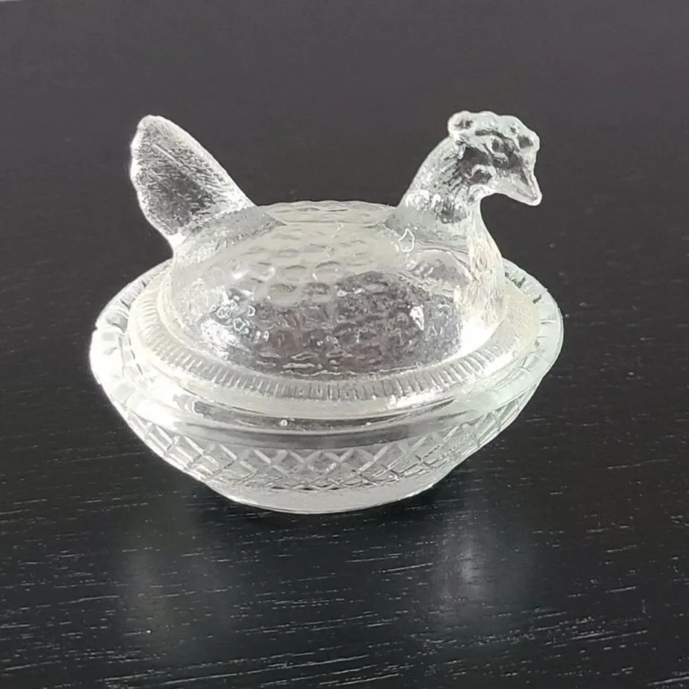 Vintage Clear Glass Hen On Nest Covered Dish Salt Cellar Mini Oval Trinket Bowls